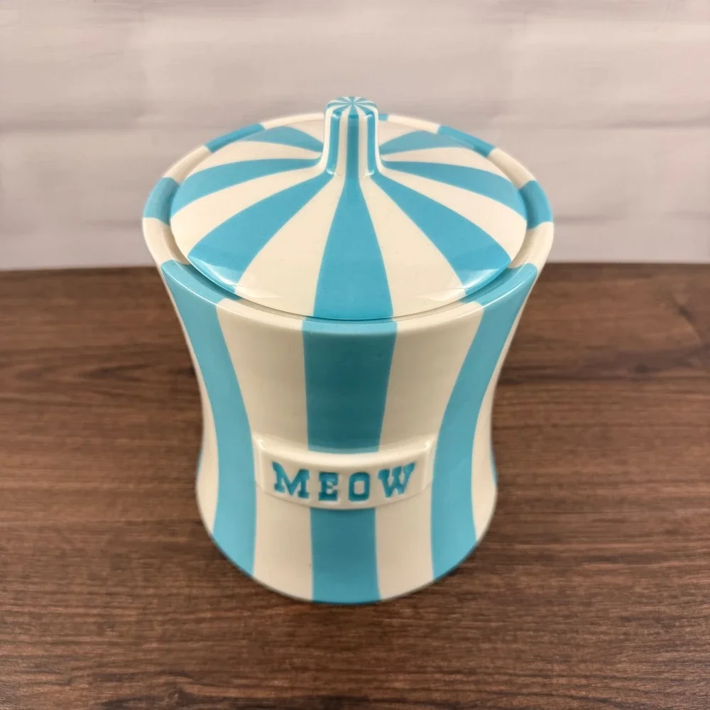 Jonathan Adler Vice MEOW Canister Blue White Striped Porcelain Lidded Jar